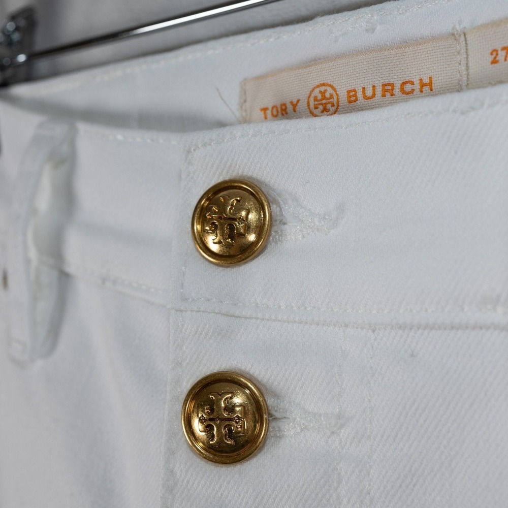 Tory Burch White High Rise Button Fly Embroidered Flower Cropped‎ Jeans Size 27 - Picture 9 of 16